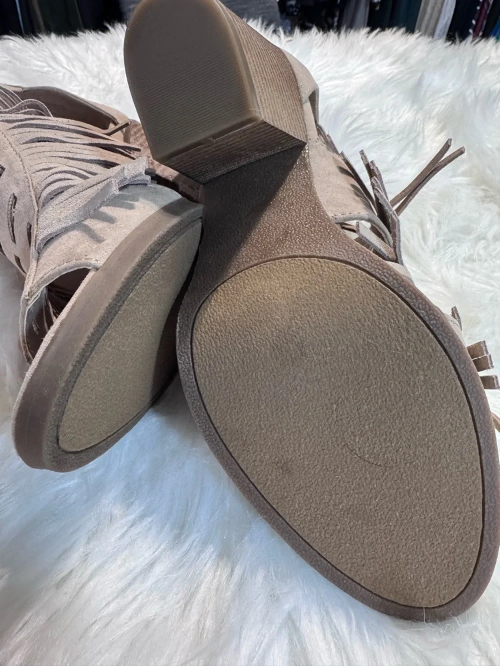 sugar Fringe Suede Open-Toe Block Heel Sandals - Taupe Size 8.5